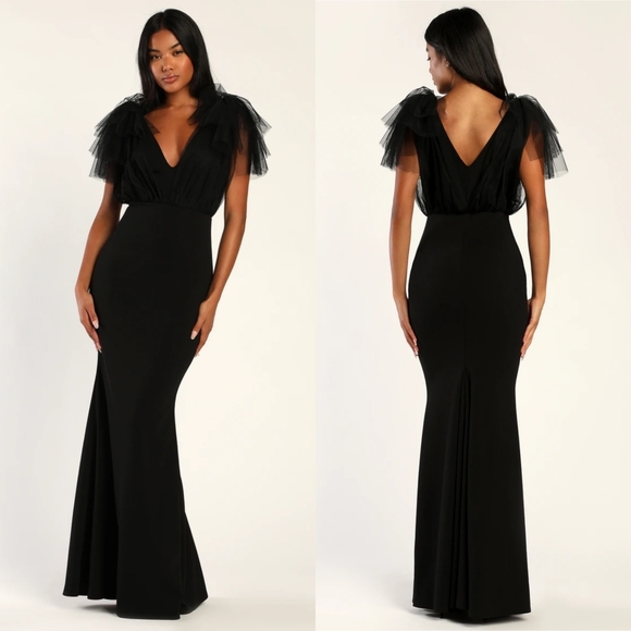 Lulus Dresses & Skirts - LULUS | Fabulous Fun Black Tulle Flutter Sleeve Mermaid Maxi Dress
